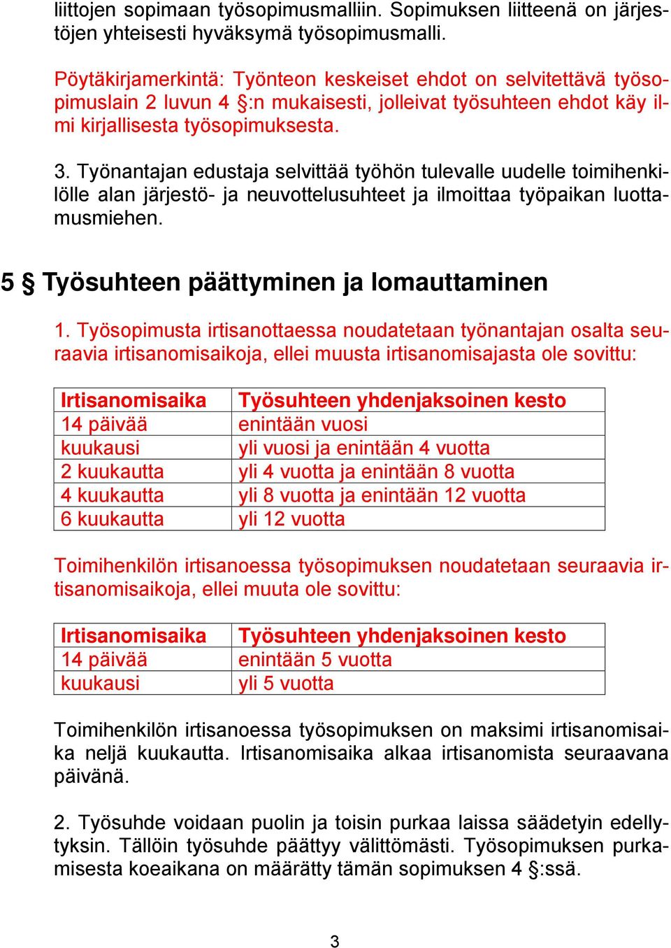 Työnantajan edustaja selvittää työhön tulevalle uudelle toimihenkilölle alan järjestö- ja neuvottelusuhteet ja ilmoittaa työpaikan luottamusmiehen. 5 Työsuhteen päättyminen ja lomauttaminen 1.