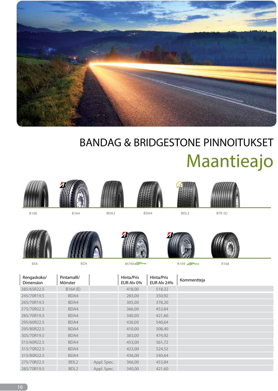 5 BDA4 340,00 421,60 295/60R22.5 BDA4 436,00 540,64 295/80R22.5 BDA4 410,00 508,40 305/70R19.5 BDA4 383,00 474,92 315/60R22.