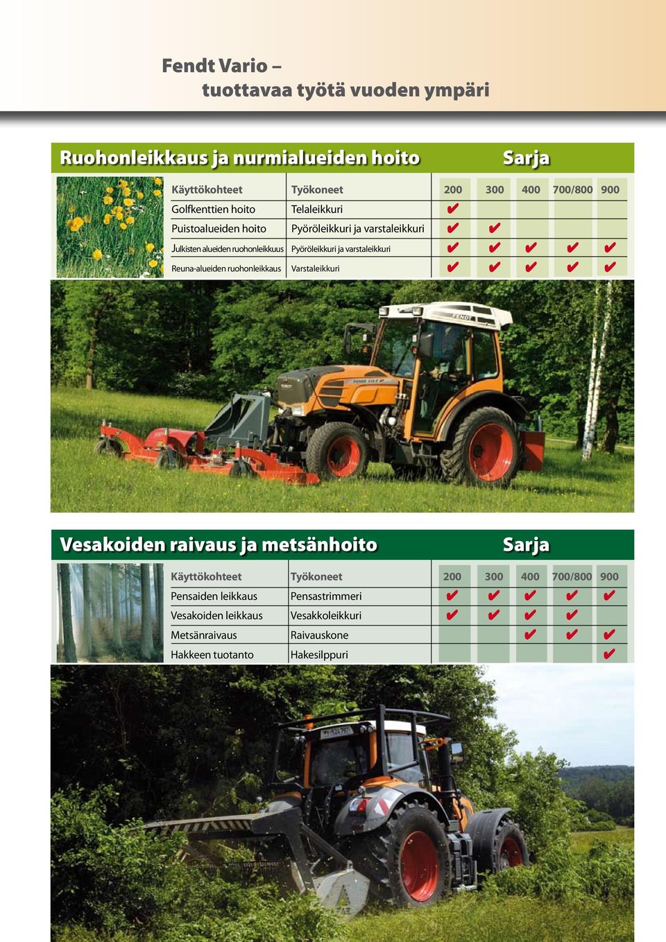 4 4 4 Reuna-alueiden ruohonleikkaus Varstaleikkuri 4 4 4 4 4 Vesakoiden raivaus ja metsänhoito Sarja Käyttökohteet Työkoneet 300 400 700/800 900