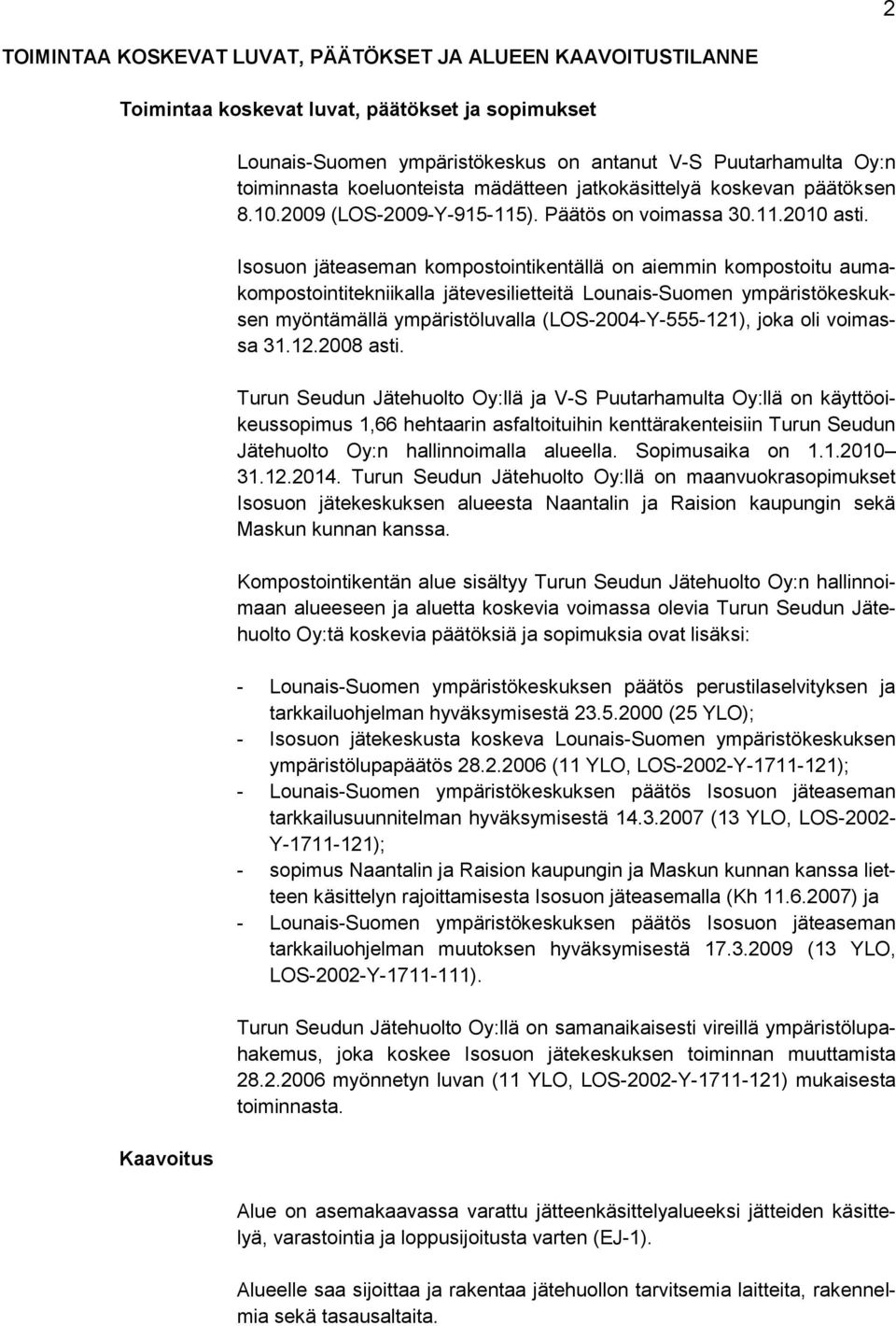 Isosuon jäteaseman kompostointikentällä on aiemmin kompostoitu aumakompostointitekniikalla jätevesilietteitä Lounais-Suomen ympäristökeskuksen myöntämällä ympäristöluvalla (LOS-2004-Y-555-121), joka