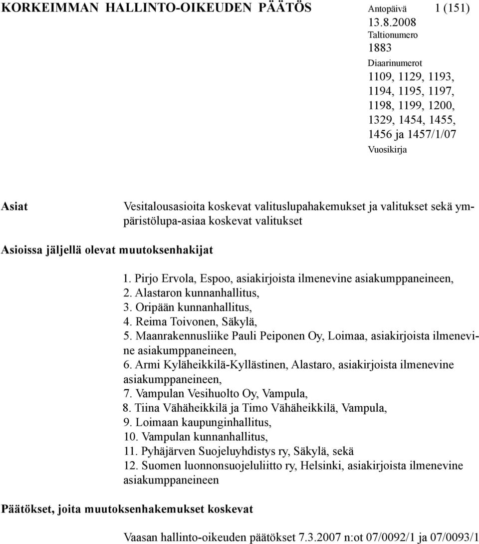 valitukset sekä ympäristölupa-asiaa koskevat valitukset Asioissa jäljellä olevat muutoksenhakijat 1. Pirjo Ervola, Espoo, asiakirjoista ilmenevine asiakumppaneineen, 2. Alastaron kunnanhallitus, 3.