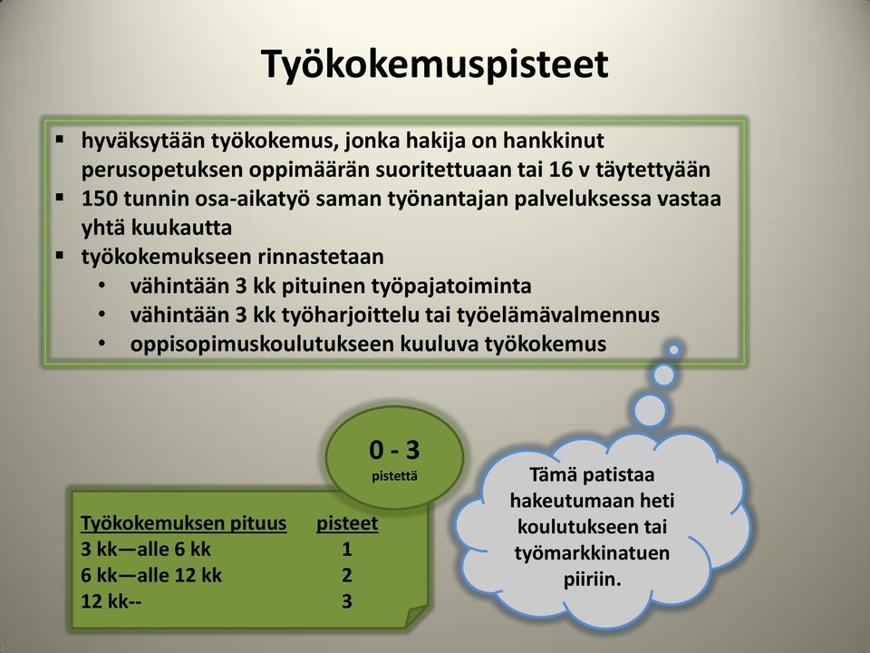 työpajatoiminta vähintään 3 kk työharjoittelu tai työelämävalmennus oppisopimuskoulutukseen kuuluva työkokemus Työkokemuksen pituus