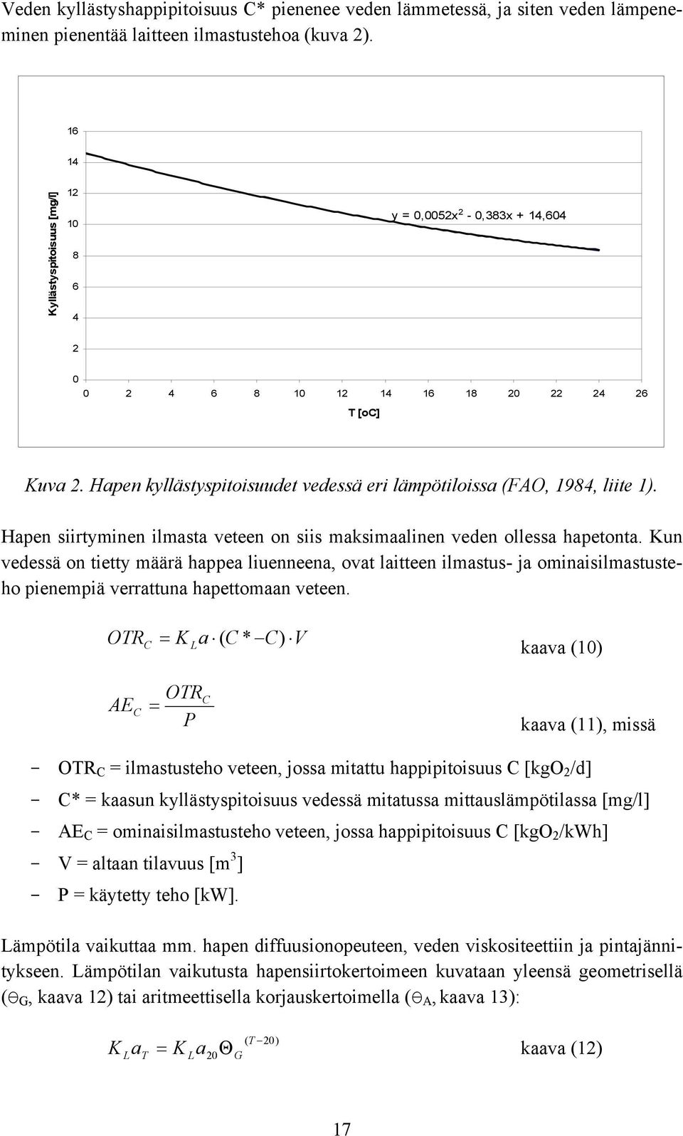 Hapen kyllästyspitoisuudet vedessä eri lämpötiloissa (FAO, 1984, liite 1). Hapen siirtyminen ilmasta veteen on siis maksimaalinen veden ollessa hapetonta.