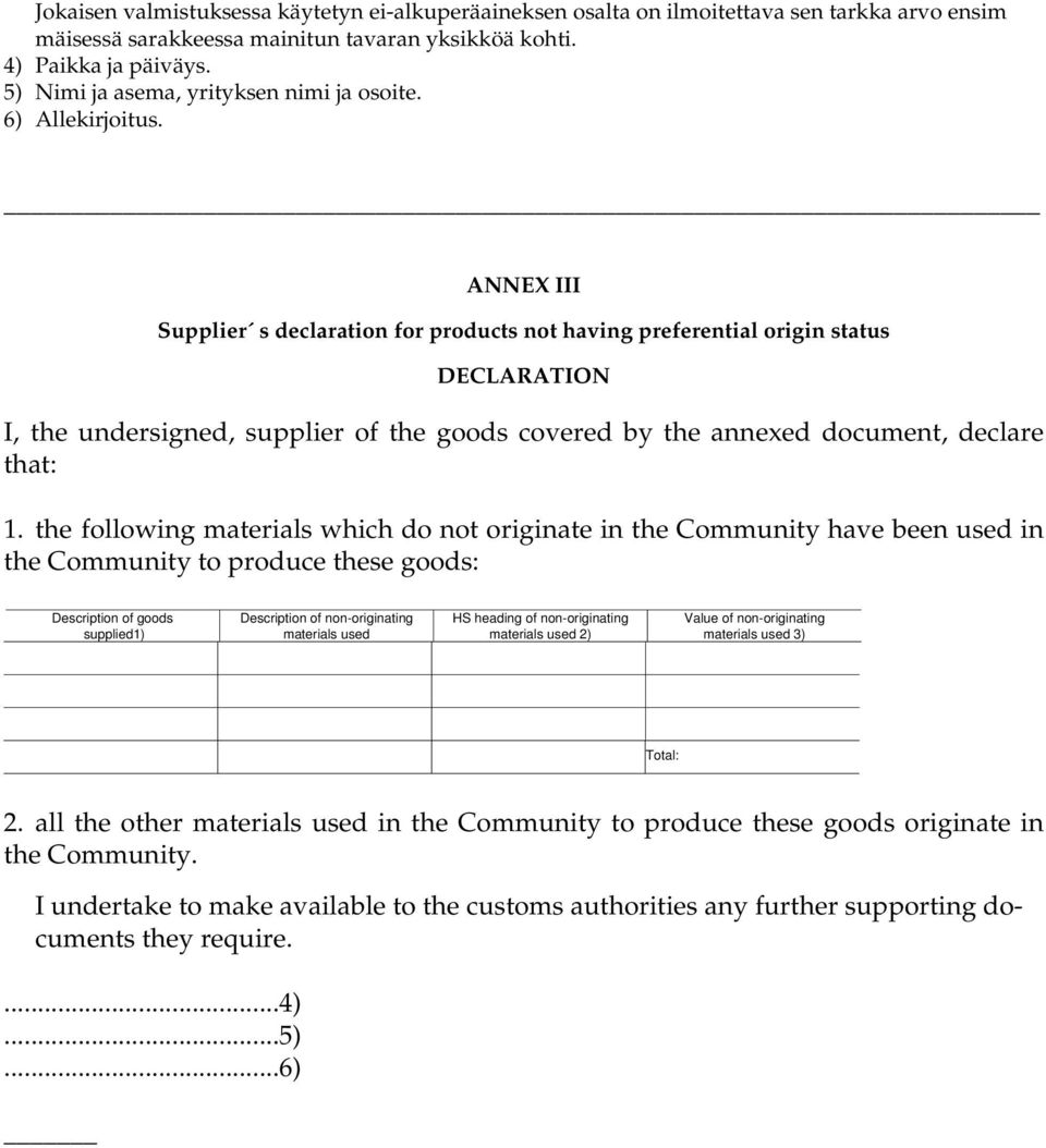 _ ANNEX III Supplier s declaration for products not having preferential origin status DECLARATION I, the undersigned, supplier of the goods covered by the annexed document, declare that: 1.