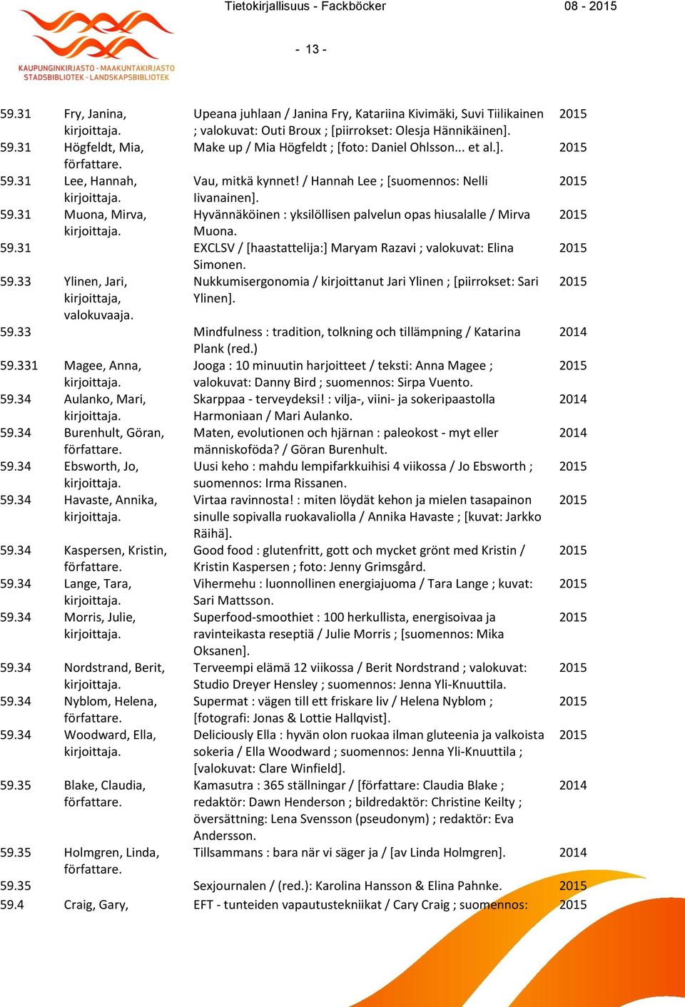 59.31 EXCLSV / [haastattelija:] Maryam Razavi ; valokuvat: Elina Simonen. 59.33 Ylinen, Jari, Nukkumisergonomia / kirjoittanut Jari Ylinen ; [piirrokset: Sari kirjoittaja, valokuvaaja. Ylinen]. 59.33 Mindfulness : tradition, tolkning och tillämpning / Katarina Plank (red.