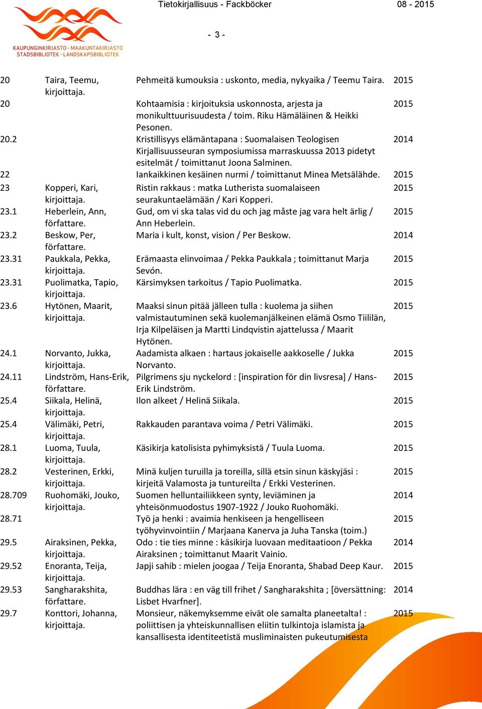 22 Iankaikkinen kesäinen nurmi / toimittanut Minea Metsälähde. 23 Kopperi, Kari, Ristin rakkaus : matka Lutherista suomalaiseen seurakuntaelämään / Kari Kopperi. 23.1 Heberlein, Ann, Gud, om vi ska talas vid du och jag måste jag vara helt ärlig / Ann Heberlein.