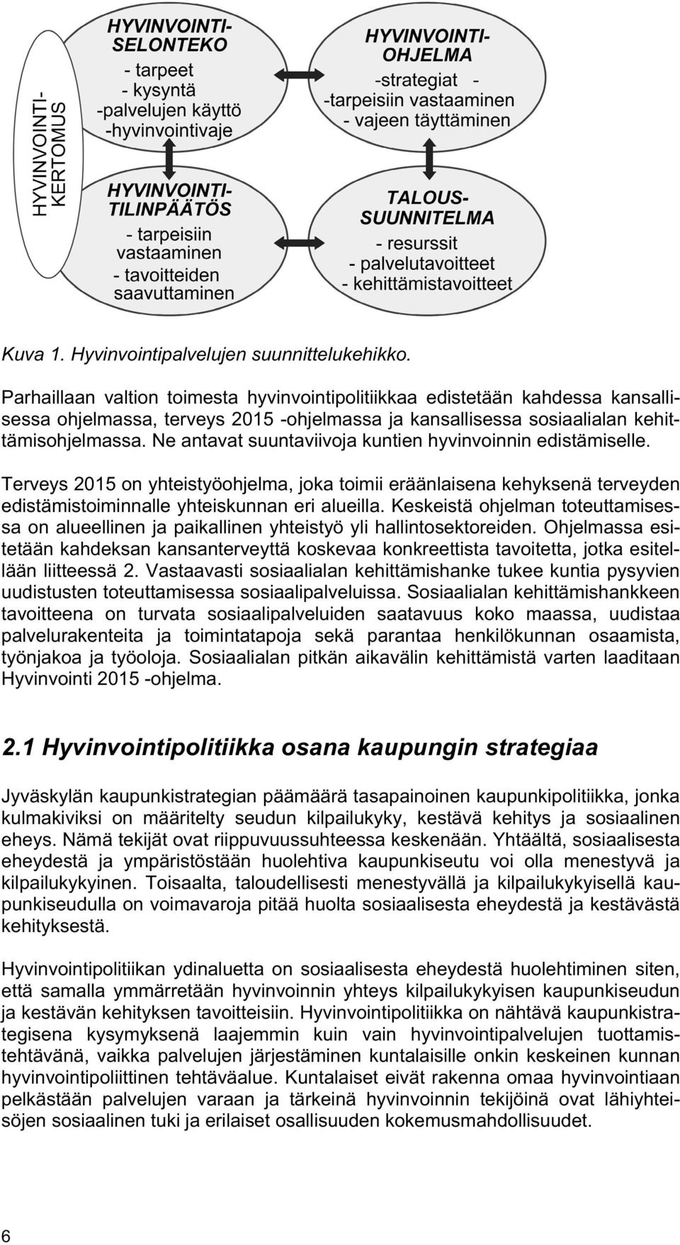 Ne antavat suuntaviivoja kuntien hyvinvoinnin edistämiselle. Terveys 2015 on yhteistyöohjelma, joka toimii eräänlaisena kehyksenä terveyden edistämistoiminnalle yhteiskunnan eri alueilla.