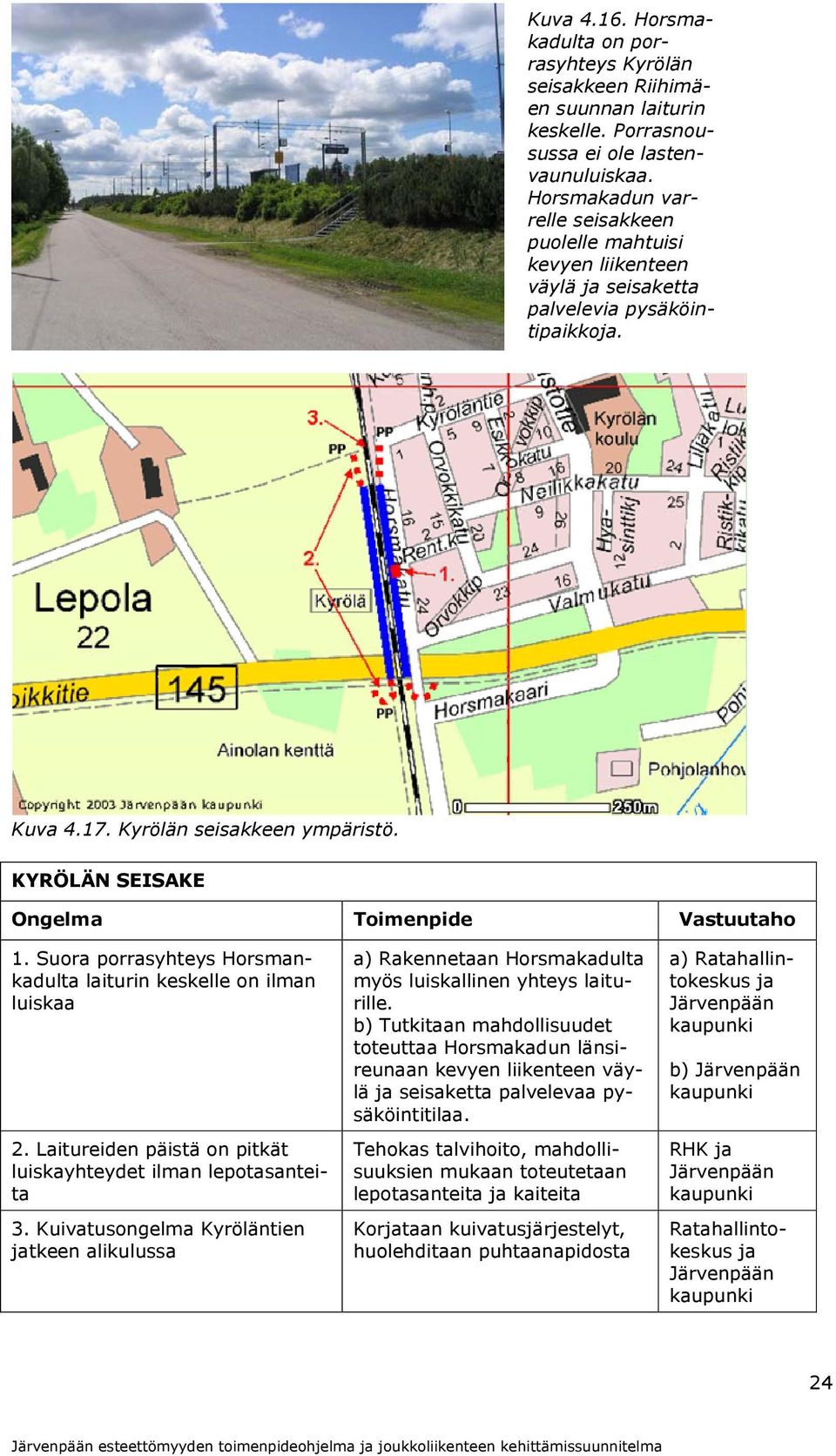 KYRÖLÄN SEISAKE Ongelma Toimenpide Vastuutaho 1. Suora porrasyhteys Horsmankadulta laiturin keskelle on ilman luiskaa 2. Laitureiden päistä on pitkät luiskayhteydet ilman lepotasanteita 3.