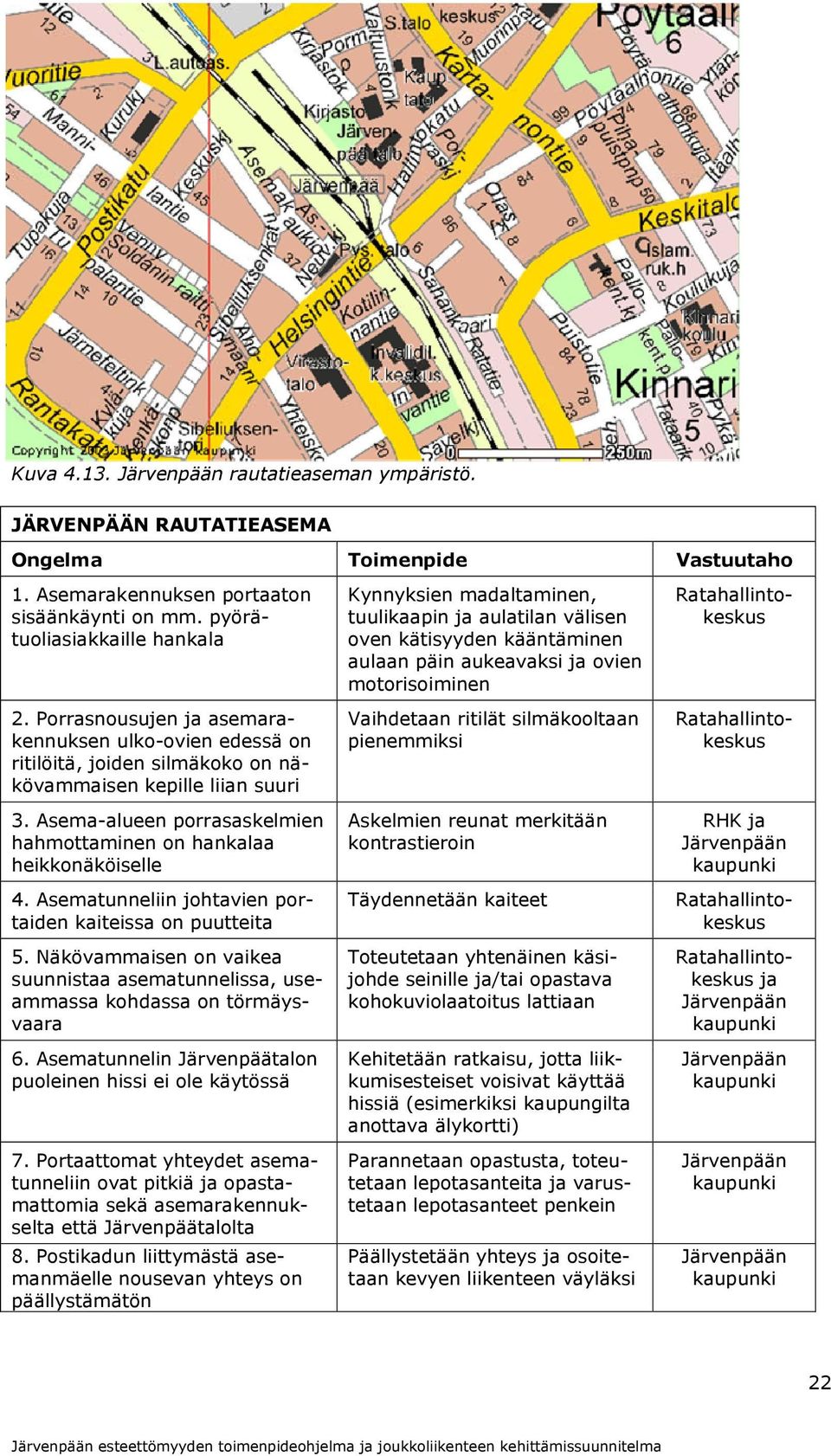 Asematunneliin johtavien portaiden kaiteissa on puutteita 5. Näkövammaisen on vaikea suunnistaa asematunnelissa, useammassa kohdassa on törmäysvaara 6.