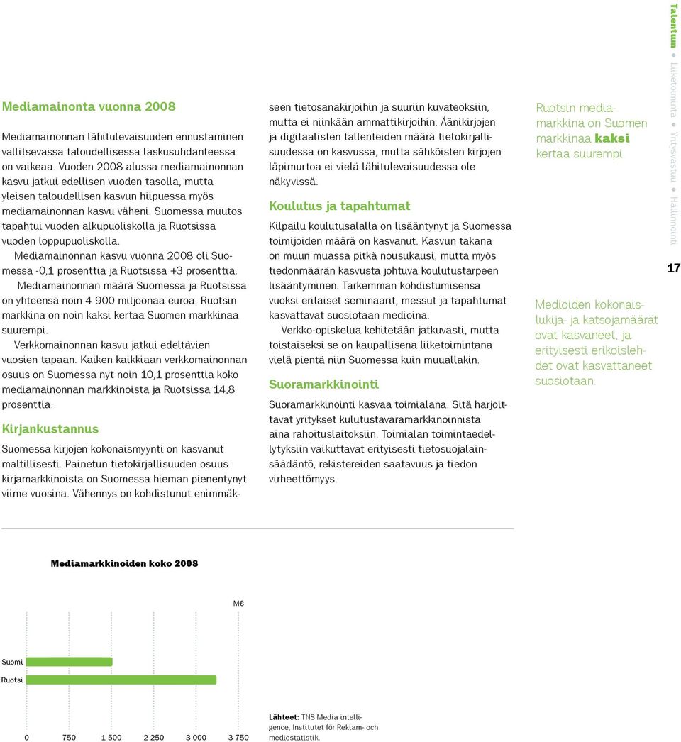 Suomessa muutos tapahtui vuoden alkupuoliskolla ja Ruotsissa vuoden loppupuoliskolla. Mediamainonnan kasvu vuonna 2008 oli Suomessa -0,1 prosenttia ja Ruotsissa +3 prosenttia.