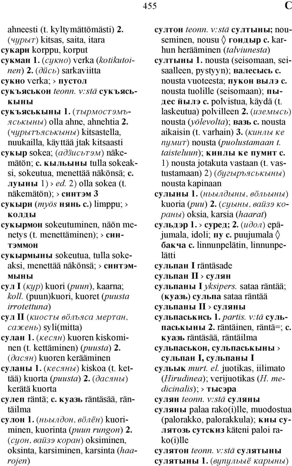 kylxyny tulla sokeaksi, sokeutua, menettää näkönsä; s. luyny 1) ed. 2) olla sokea (t. näkemätön); sint\m 3 sukyri (myös nqnx s.) limppu; koldy sukyrmon sokeutuminen, näön menetys (t.