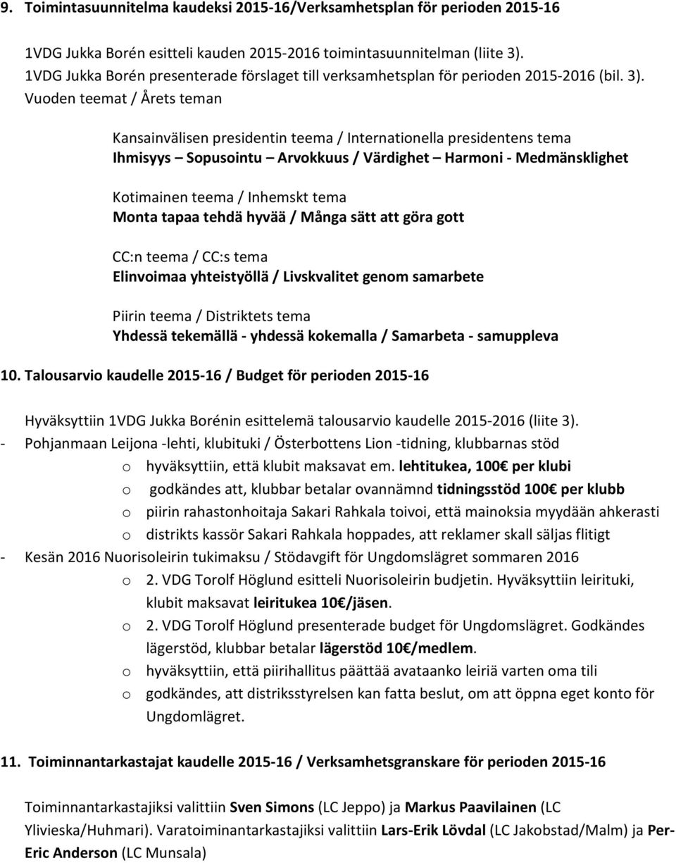 Vuoden teemat / Årets teman Kansainvälisen presidentin teema / Internationella presidentens tema Ihmisyys Sopusointu Arvokkuus / Värdighet Harmoni - Medmänsklighet Kotimainen teema / Inhemskt tema