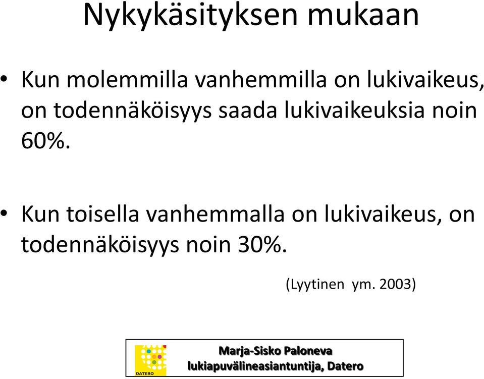 lukivaikeuksia noin 60%.