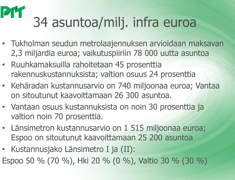 45 prosenttia rakennuskustannuksista; valtion osuus 24 prosenttia Kehäradan kustannusarvio on 740 miljoonaa euroa; Vantaa on sitoutunut kaavoittamaan 26