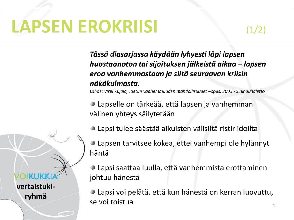 Lähde: Virpi Kujala, Jaetun vanhemmuuden mahdollisuudet opas, 2003 - Sininauhaliitto Lapselle on tärkeää, että lapsen ja vanhemman välinen yhteys