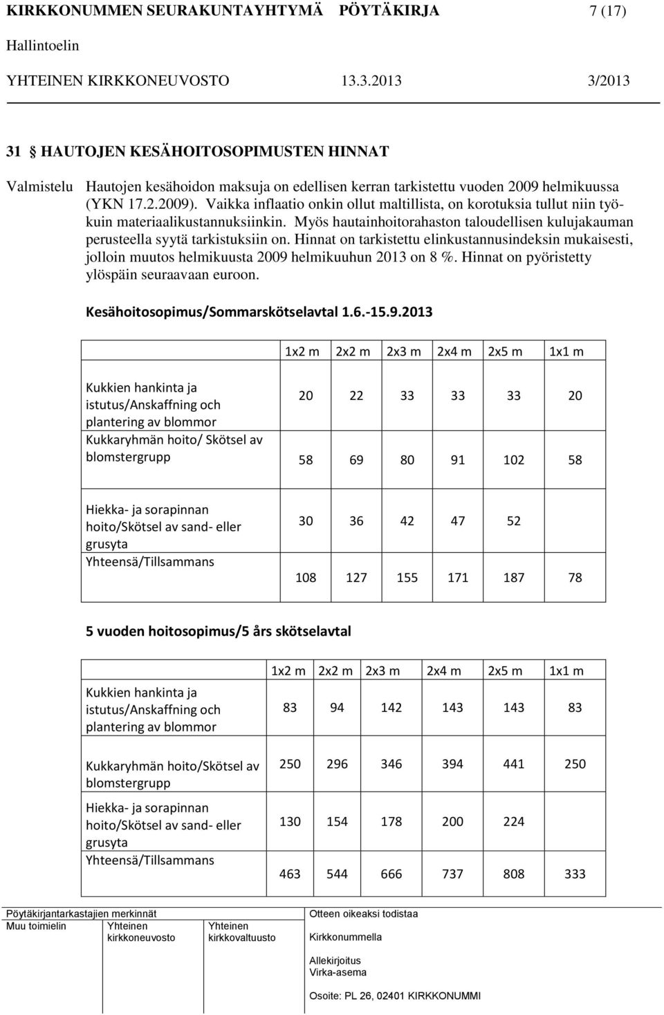 Hinnat on tarkistettu elinkustannusindeksin mukaisesti, jolloin muutos helmikuusta 2009 helmikuuhun 2013 on 8 %. Hinnat on pyöristetty ylöspäin seuraavaan euroon.