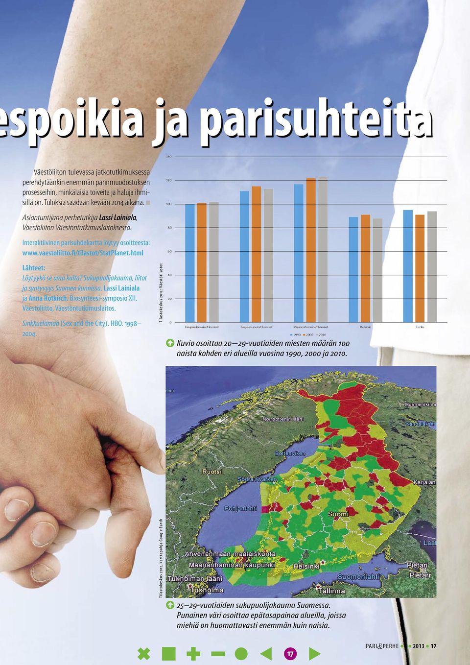 fi/tilastot/statplanet.html Lähteet: Löytyykö se oma kulta? Sukupuolijakauma, liitot ja syntyvyys Suomen kunnissa. Lassi Lainiala ja Anna Rotkirch. Biosynteesi-symposio XII.