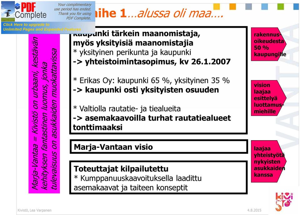 2007 * Erikas Oy: kaupunki 65 %, yksityinen 35 % -> kaupunki osti yksityisten osuuden * Valtiolla rautatie- ja tiealueita -> asemakaavoilla turhat rautatiealueet