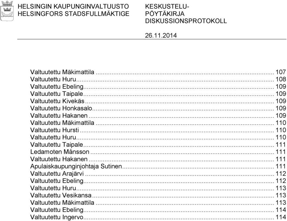 .. 110 Valtuutettu Huru... 110 Valtuutettu Taipale... 111 Ledamoten Månsson... 111 Valtuutettu Hakanen... 111 Apulaiskaupunginjohtaja Sutinen.