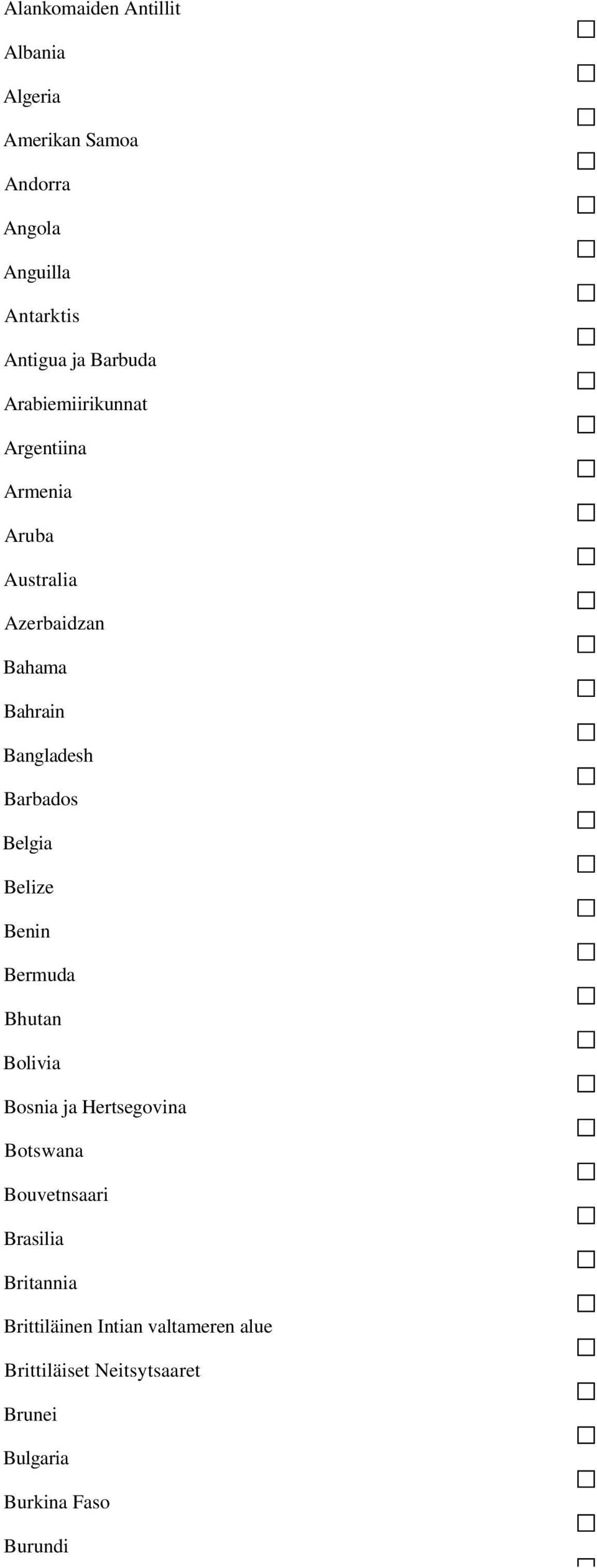 Barbados Belgia Belize Benin Bermuda Bhutan Bolivia Bosnia ja Hertsegovina Botswana Bouvetnsaari