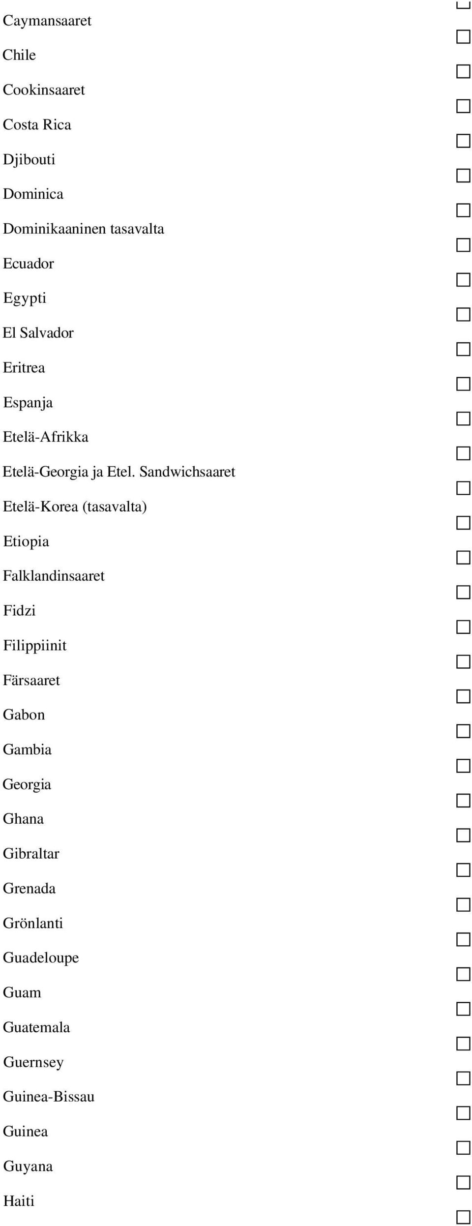 Sandwichsaaret Etelä-Korea (tasavalta) Etiopia Falklandinsaaret Fidzi Filippiinit Färsaaret