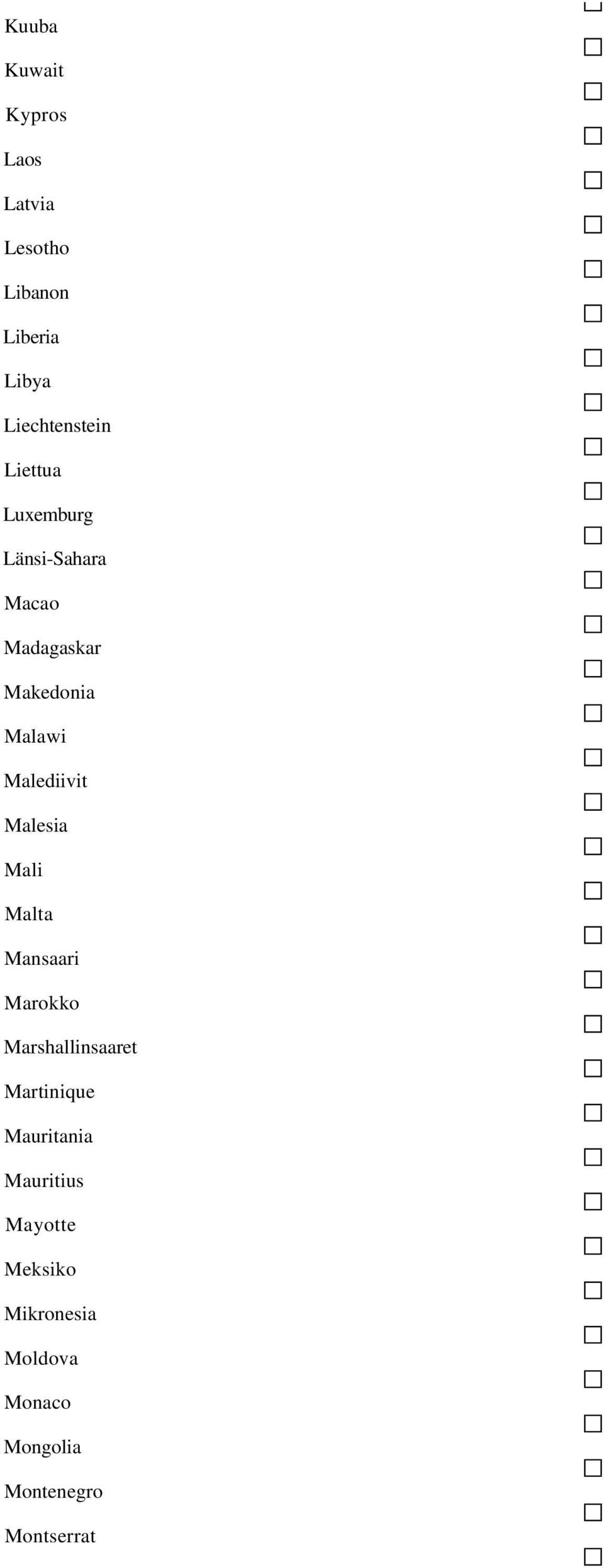 Malesia Mali Malta Mansaari Marokko Marshallinsaaret Martinique Mauritania