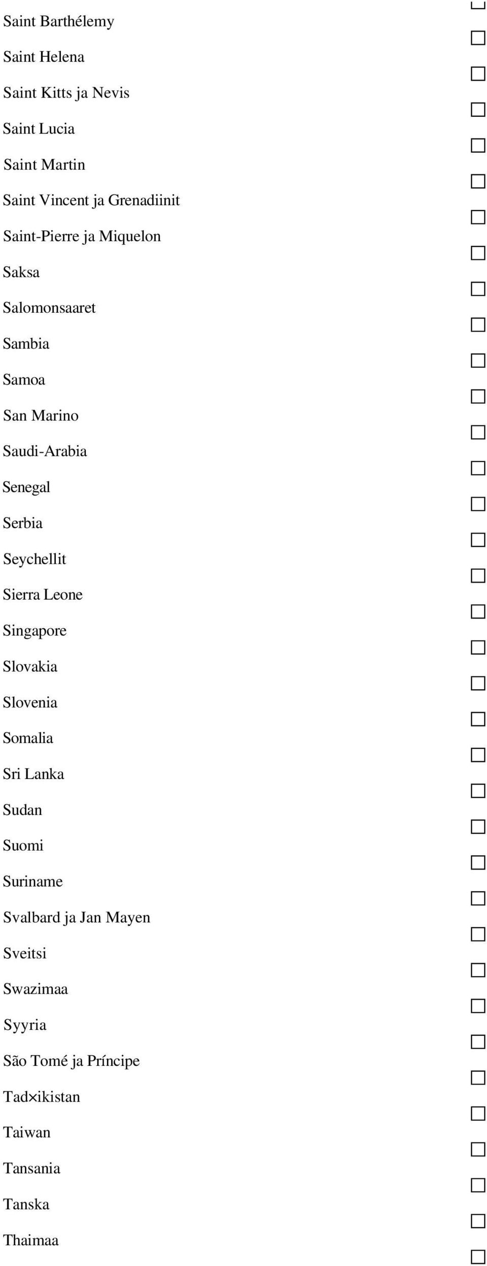 Senegal Serbia Seychellit Sierra Leone Singapore Slovakia Slovenia Somalia Sri Lanka Sudan Suomi