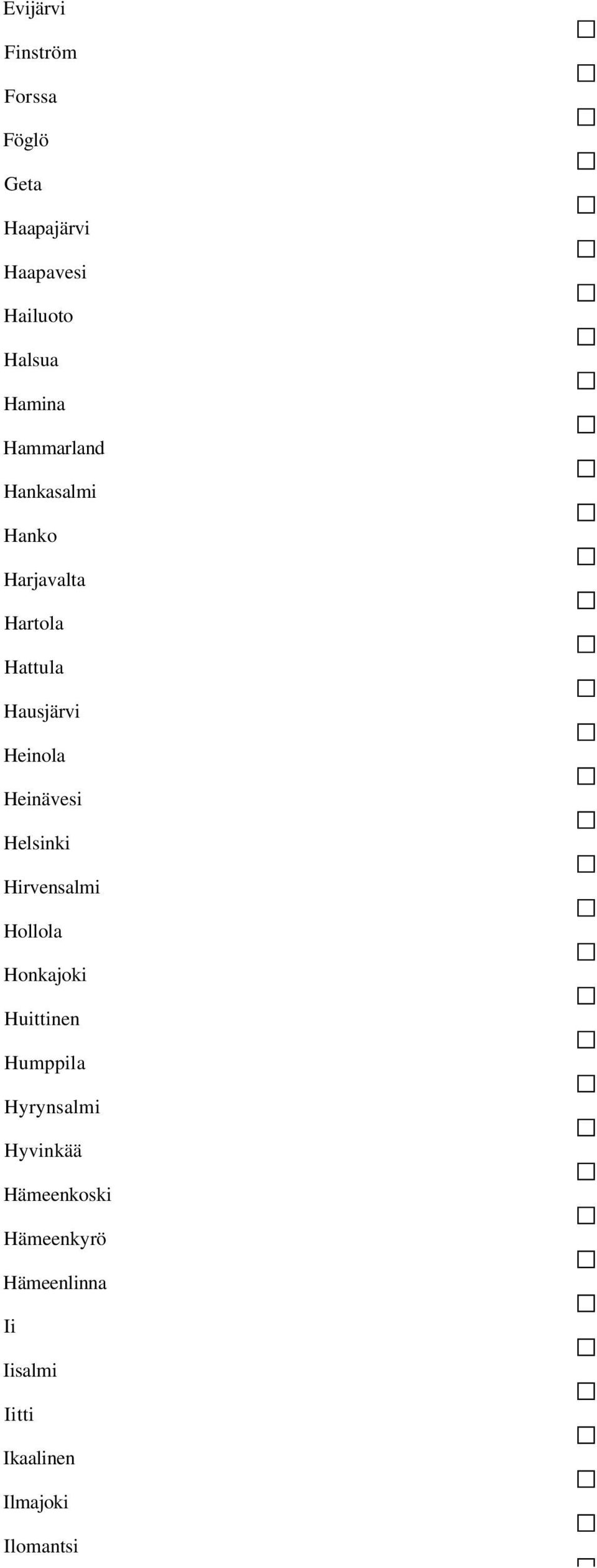Heinävesi Helsinki Hirvensalmi Hollola Honkajoki Huittinen Humppila Hyrynsalmi