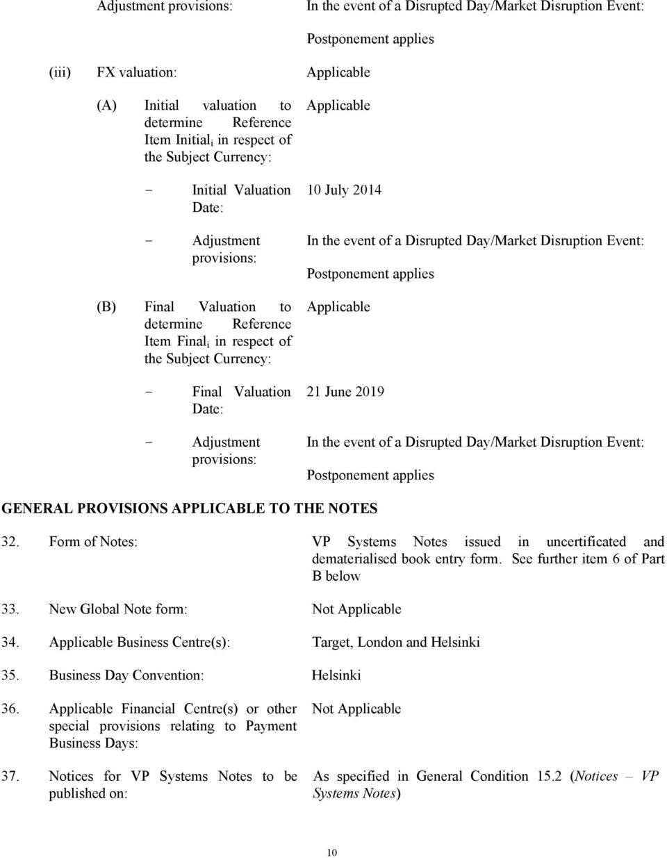 - Adjustment provisions: Applicable 10 July 2014 In the event of a Disrupted Day/Market Disruption Event: Postponement applies Applicable 21 June 2019 In the event of a Disrupted Day/Market