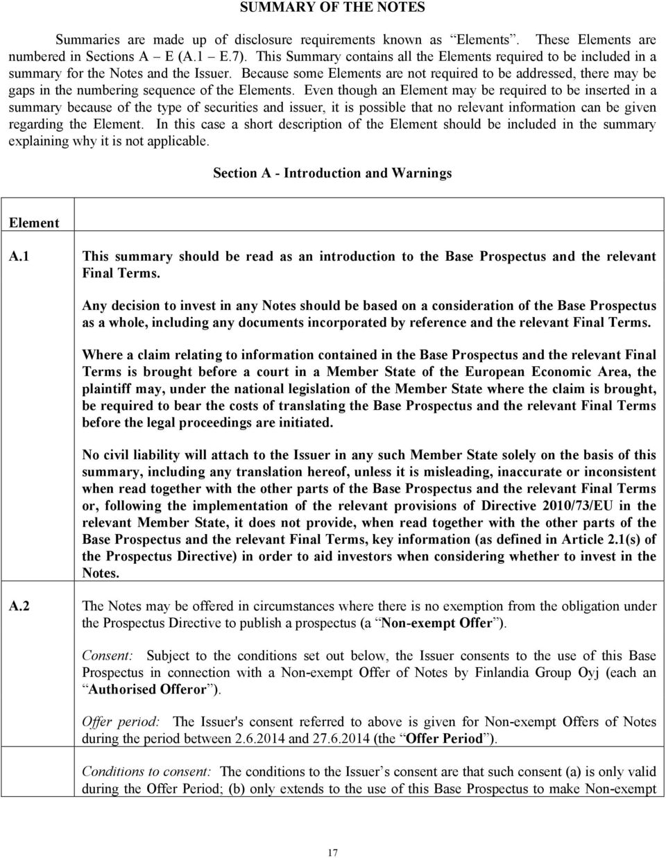 Because some Elements are not required to be addressed, there may be gaps in the numbering sequence of the Elements.