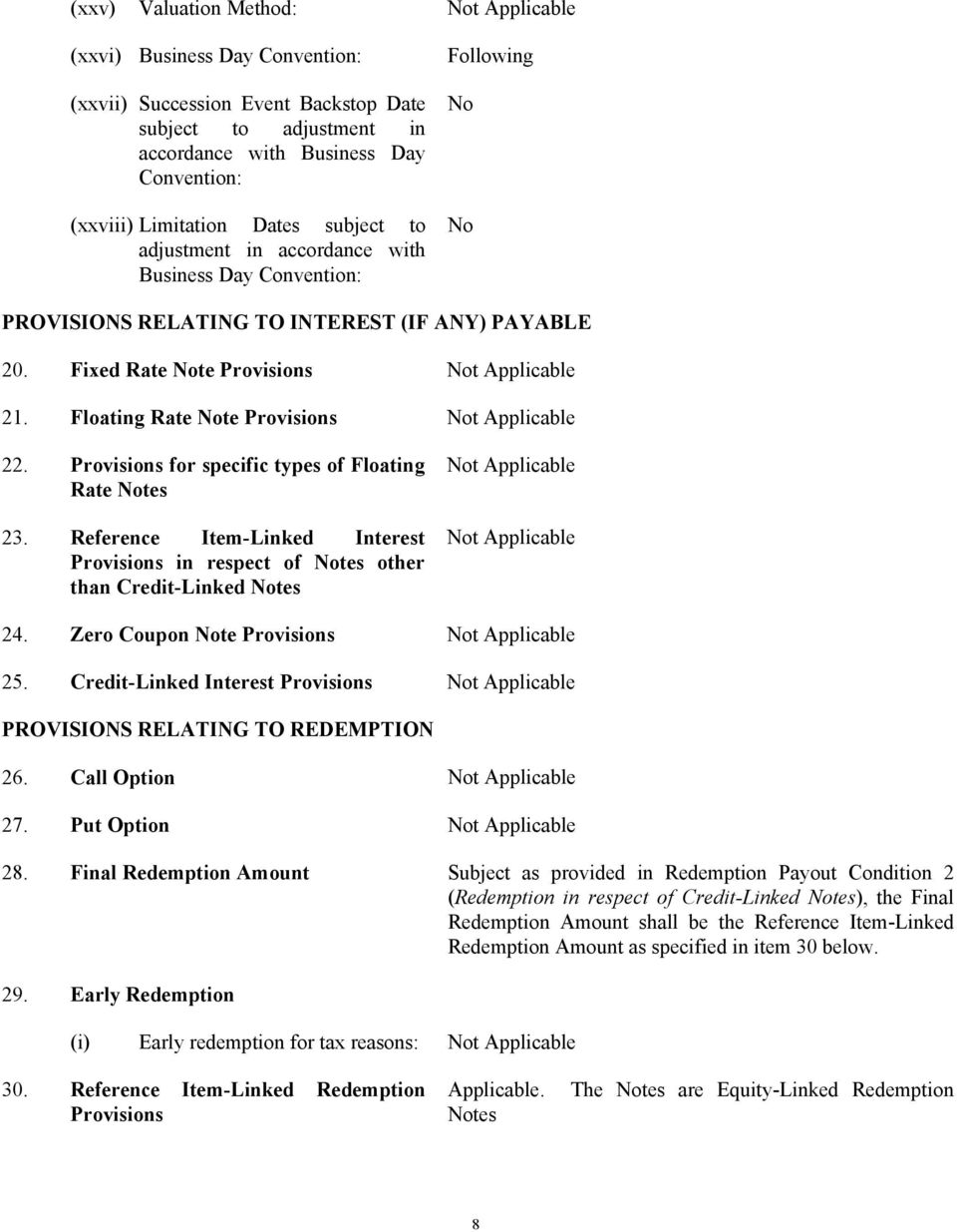 Floating Rate Note Provisions Not Applicable 22. Provisions for specific types of Floating Rate Notes 23.