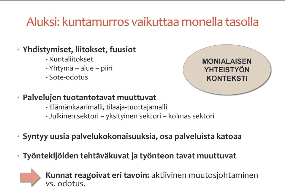 tilaaja-tuottajamalli - Julkinen sektori yksityinen sektori kolmas sektori Syntyy uusia palvelukokonaisuuksia, osa