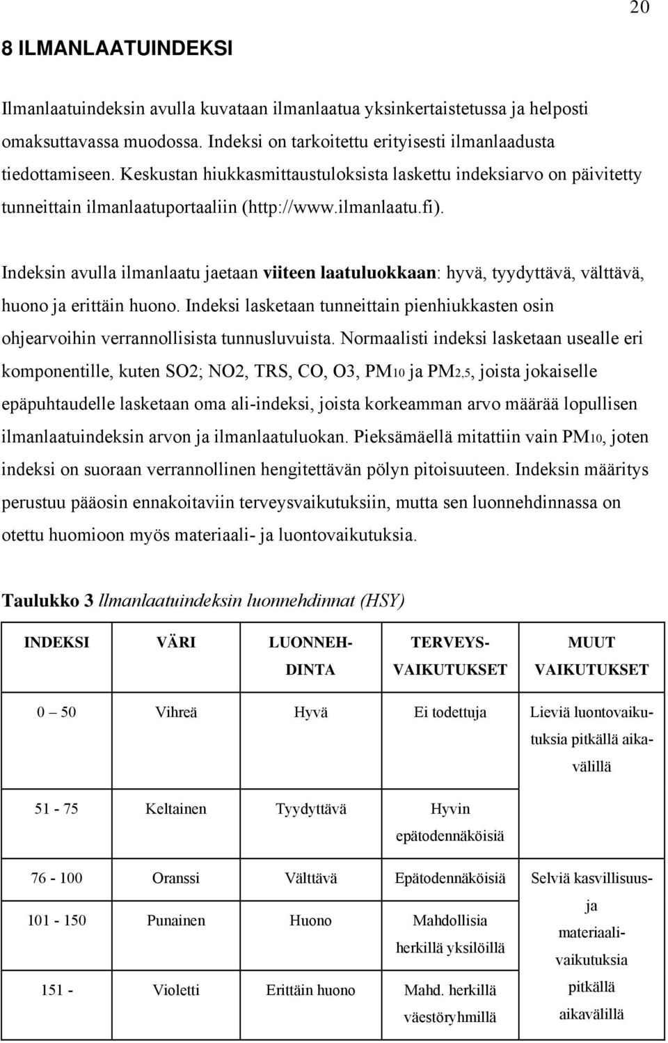 Indeksin avulla ilmanlaatu jaetaan viiteen laatuluokkaan: hyvä, tyydyttävä, välttävä, huono ja erittäin huono.