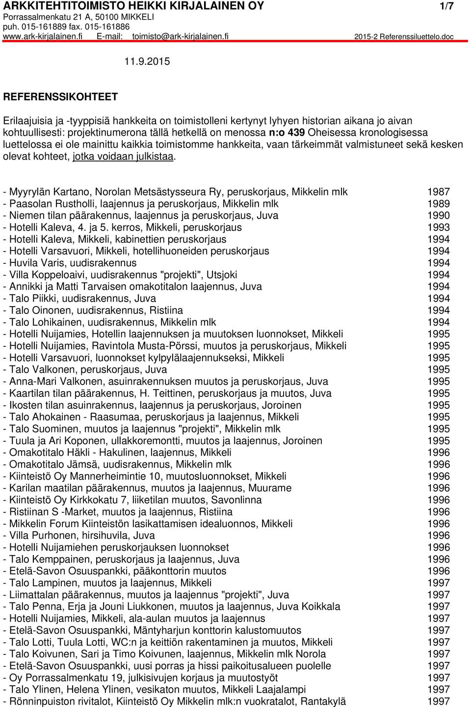 kronologisessa luettelossa ei ole mainittu kaikkia toimistomme hankkeita, vaan tärkeimmät valmistuneet sekä kesken olevat kohteet, jotka voidaan julkistaa.