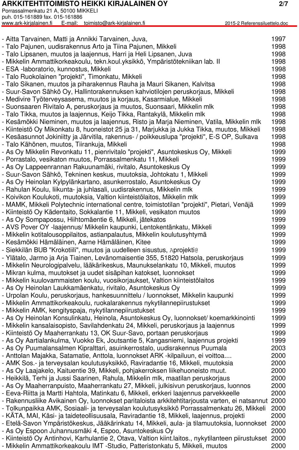 II 1998 - ESA -laboratorio, kunnostus, Mikkeli 1998 - Talo Ruokolainen "projekti", Timonkatu, Mikkeli 1998 - Talo Sikanen, muutos ja piharakennus Rauha ja Mauri Sikanen, Kalvitsa 1998 - Suur-Savon