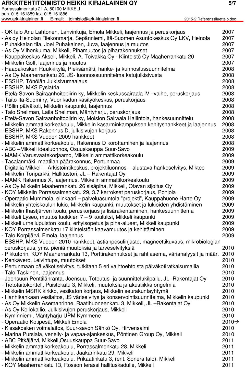 Toivakka Oy - Kiinteistö Oy Maaherrankatu 20 2007 - Mikkelin Golf, laajennus ja muutos 2007 - Haapakosken Ruukkikylä, Pieksämäki, hanke- ja kunnostussuunnitelma 2008 - As Oy Maaherrankatu 26, JS-