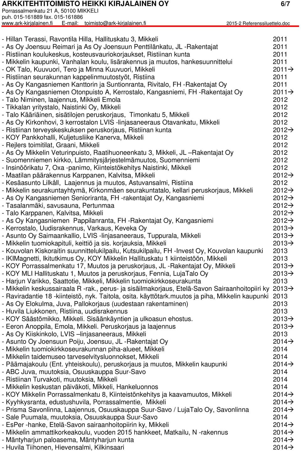 2011 - Ristiinan seurakunnan kappelinmuutostyöt, Ristiina 2011 - As Oy Kangasniemen Kanttorin ja Suntionranta, Rivitalo, FH -Rakentajat Oy 2011 - As Oy Kangasniemen Otonpuisto A, Kerrostalo,