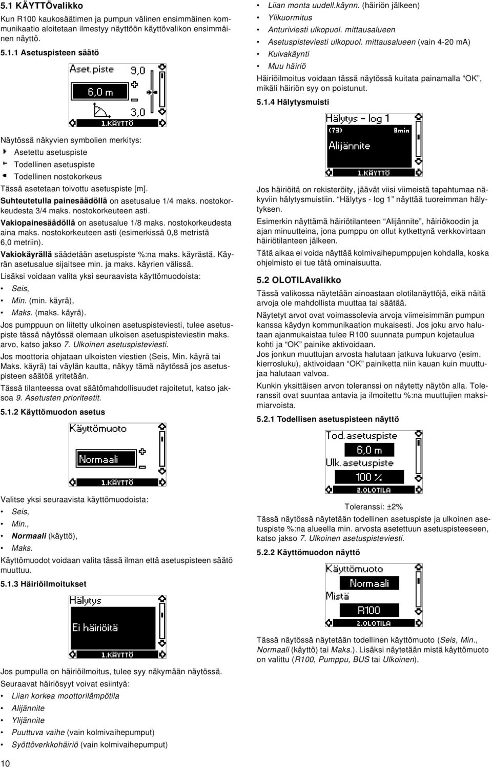 mittausalueen (vain 4-2 ma) Kuivakäynti Muu häiriö äiriöilmoitus voidaan tässä näytössä kuitata painamalla OK, mikäli häiriön syy on poistunut. 5.1.