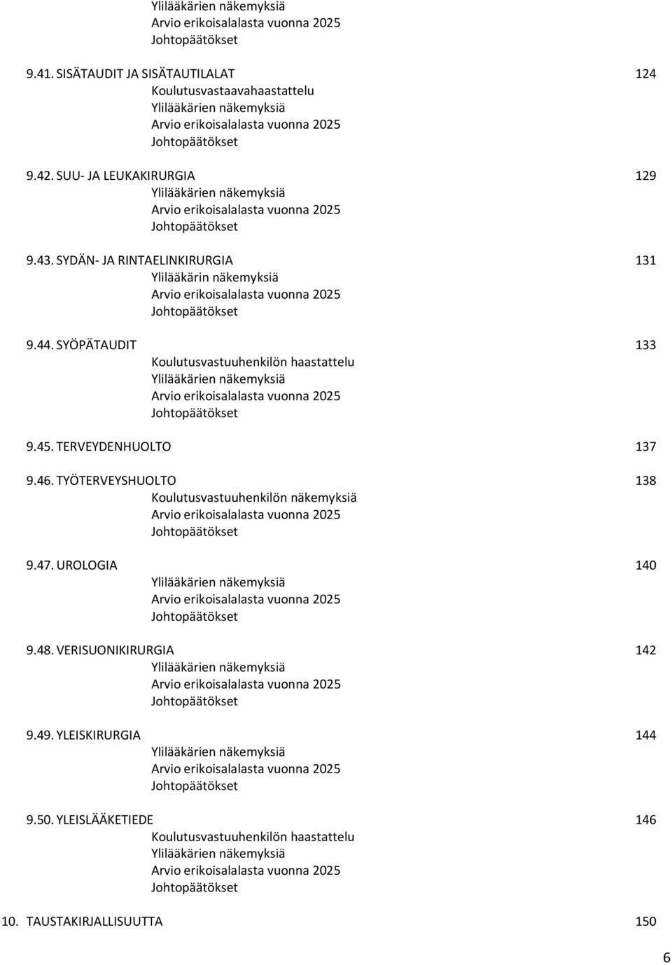 SYÖPÄTAUDIT 133 Koulutusvastuuhenkilön haastattelu Ylilääkärien näkemyksiä Arvio erikoisalalasta vuonna 2025 9.45. TERVEYDENHUOLTO 137 9.46.