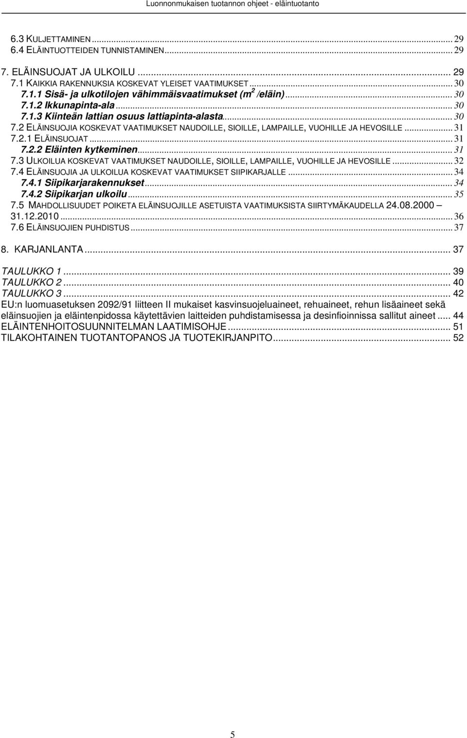 .. 31 7.2.2 Eläinten kytkeminen... 31 7.3 ULKOILUA KOSKEVAT VAATIMUKSET NAUDOILLE, SIOILLE, LAMPAILLE, VUOHILLE JA HEVOSILLE... 32 7.4 ELÄINSUOJIA JA ULKOILUA KOSKEVAT VAATIMUKSET SIIPIKARJALLE... 34 7.