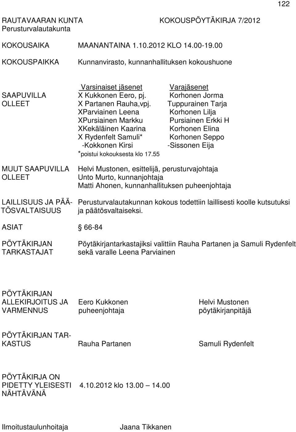 Tuppurainen Tarja XParviainen Leena Korhonen Lilja XPursiainen Markku Pursiainen Erkki H XKekäläinen Kaarina Korhonen Elina X Rydenfelt Samuli* Korhonen Seppo -Kokkonen Kirsi -Sissonen Eija *poistui