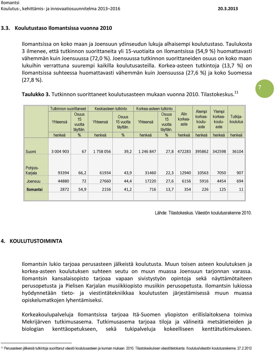 Joensuussa tutkinnon suorittaneiden osuus on koko maan lukuihin verrattuna suurempi kaikilla koulutusasteilla.