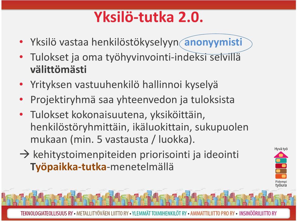 välittömästi Yrityksen vastuuhenkilö hallinnoi kyselyä Projektiryhmä saa yhteenvedon ja tuloksista