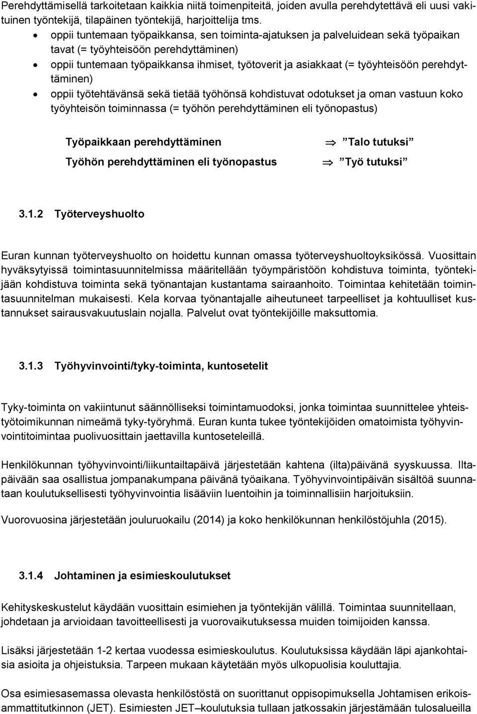 työyhteisöön perehdyttäminen) oppii työtehtävänsä sekä tietää työhönsä kohdistuvat odotukset ja oman vastuun koko työyhteisön toiminnassa (= työhön perehdyttäminen eli työnopastus) Työpaikkaan