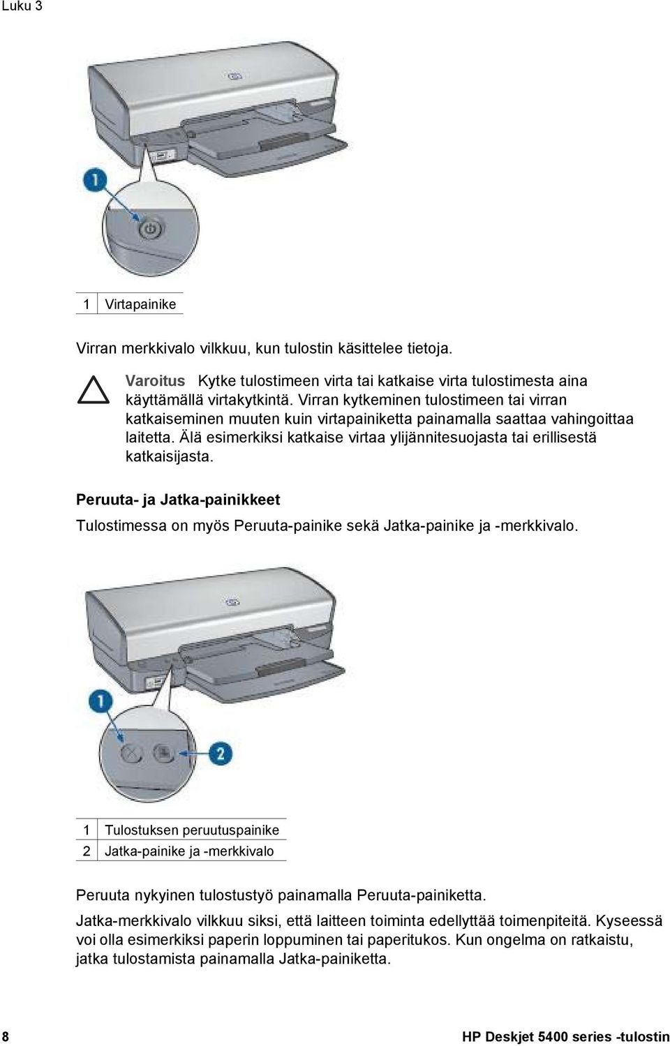 Älä esimerkiksi katkaise virtaa ylijännitesuojasta tai erillisestä katkaisijasta. Peruuta- ja Jatka-painikkeet Tulostimessa on myös Peruuta-painike sekä Jatka-painike ja -merkkivalo.