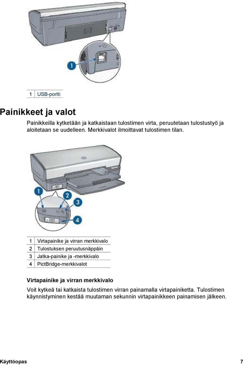 1 Virtapainike ja virran merkkivalo 2 Tulostuksen peruutusnäppäin 3 Jatka-painike ja -merkkivalo 4 PictBridge-merkkivalot