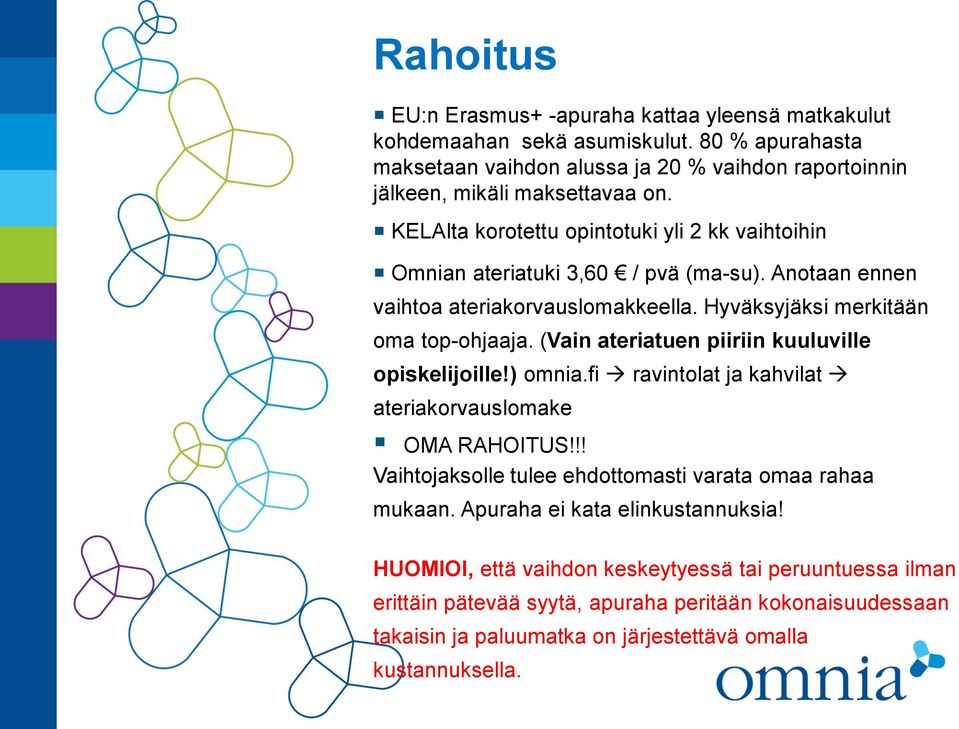 (Vain ateriatuen piiriin kuuluville opiskelijoille!) omnia.fi ravintolat ja kahvilat ateriakorvauslomake OMA RAHOITUS!!! Vaihtojaksolle tulee ehdottomasti varata omaa rahaa mukaan.