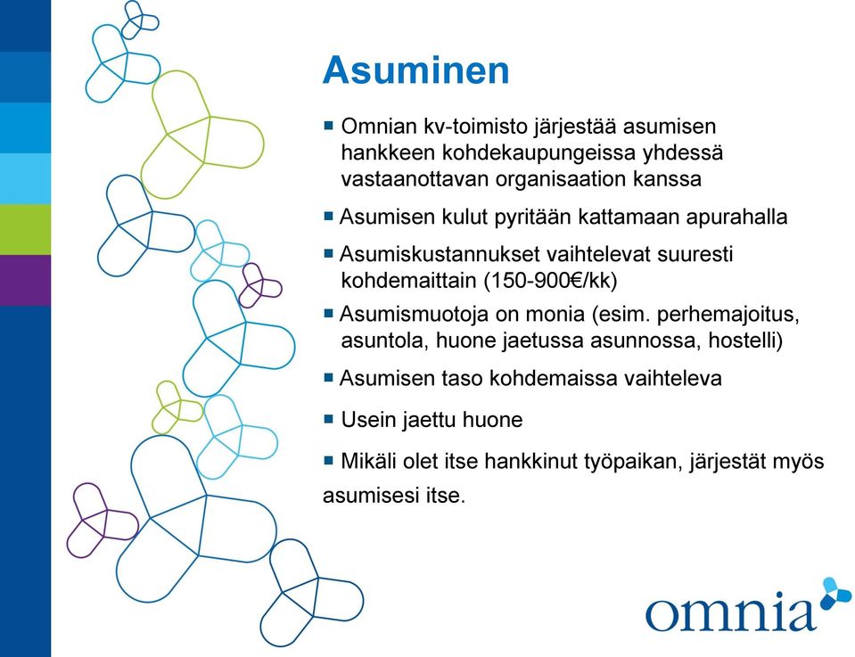 (150-900 /kk) Asumismuotoja on monia (esim.