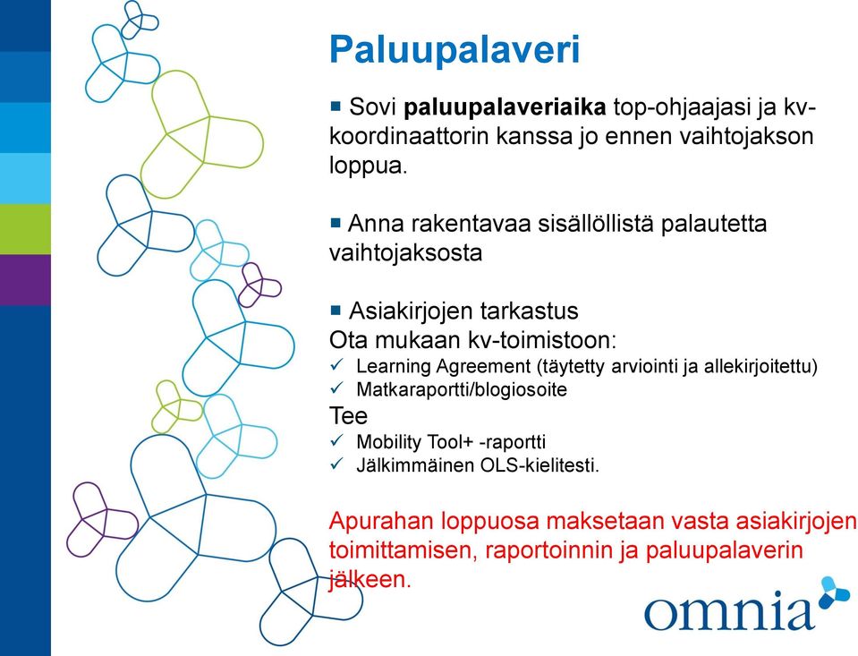 Agreement (täytetty arviointi ja allekirjoitettu) Matkaraportti/blogiosoite Tee Mobility Tool+ -raportti