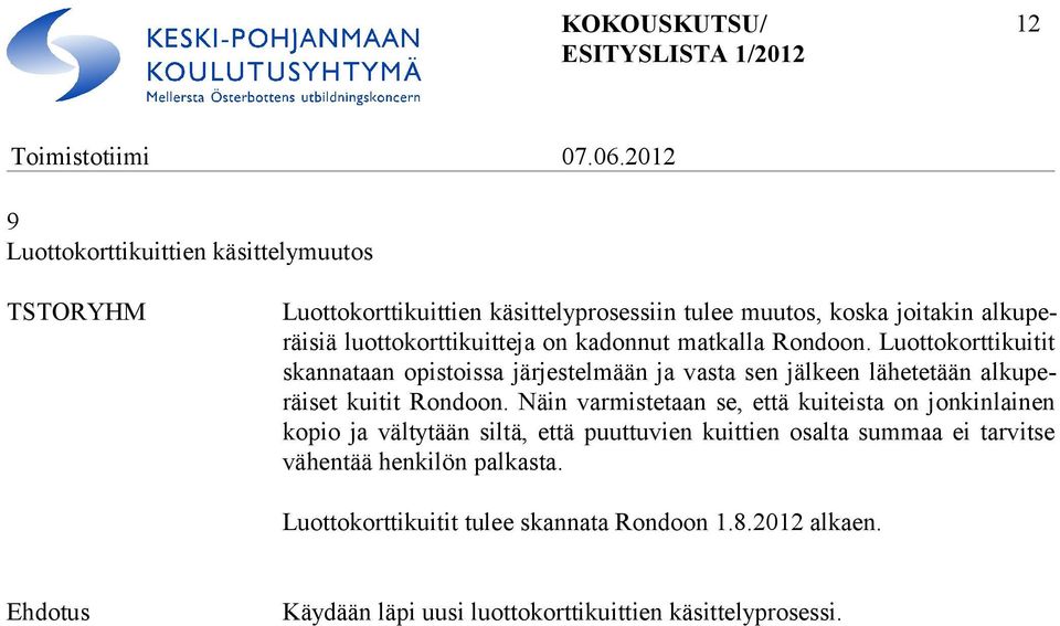 Luottokorttikuitit skannataan opistoissa jär jes tel mään ja vasta sen jäl keen lä he te tään al ku peräi set kui tit Rondoon.